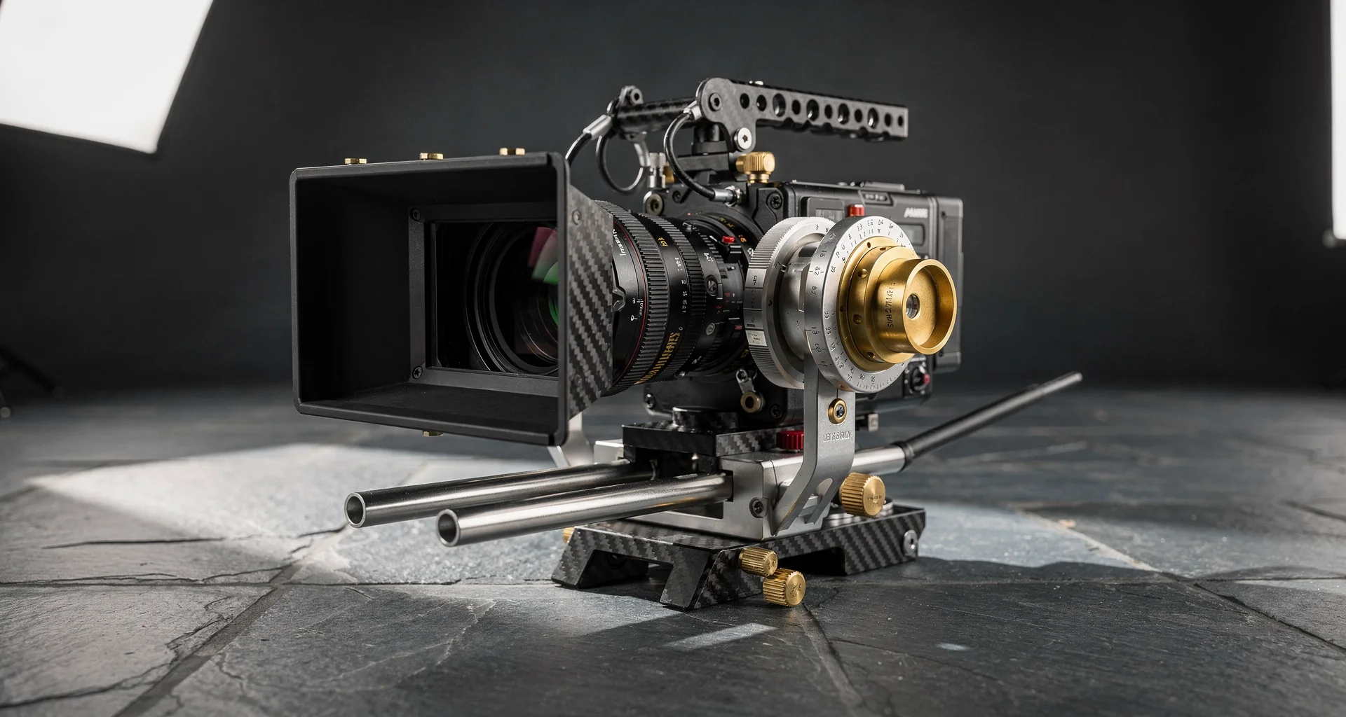 Cinema cameras and drone gear organized neatly on a studio equipment table