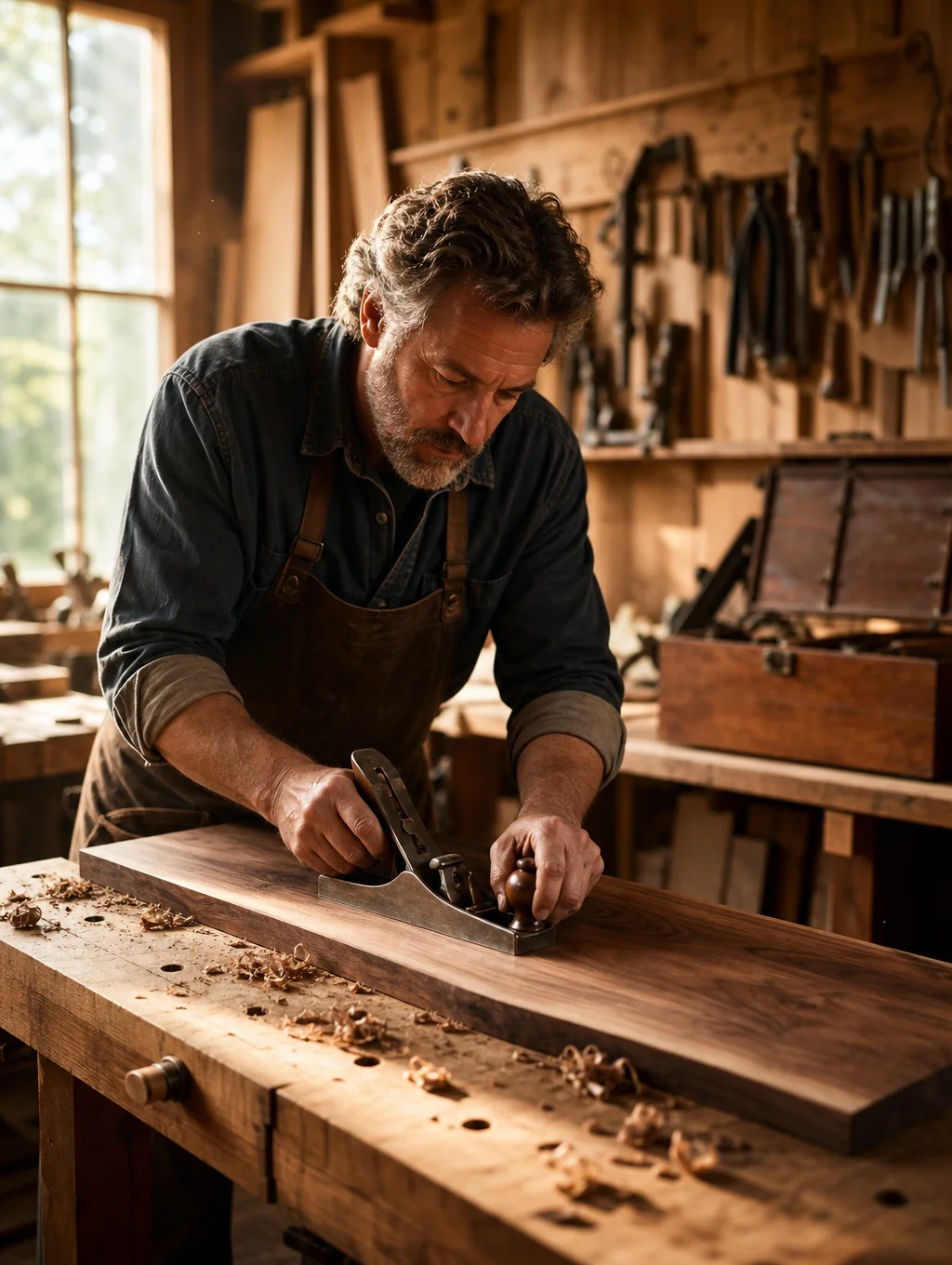 Close-up photo of custom furniture craftsman working in his wood shop