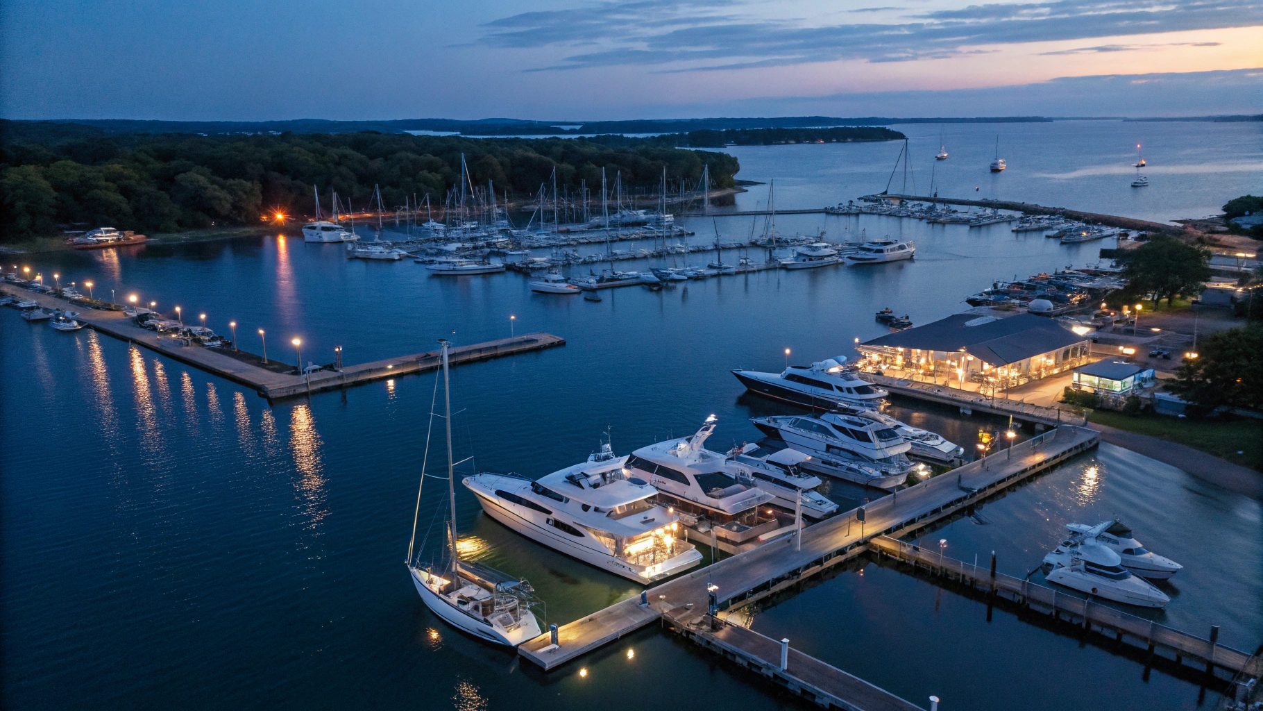 High-resolution drone photograph of a coastal marina facility