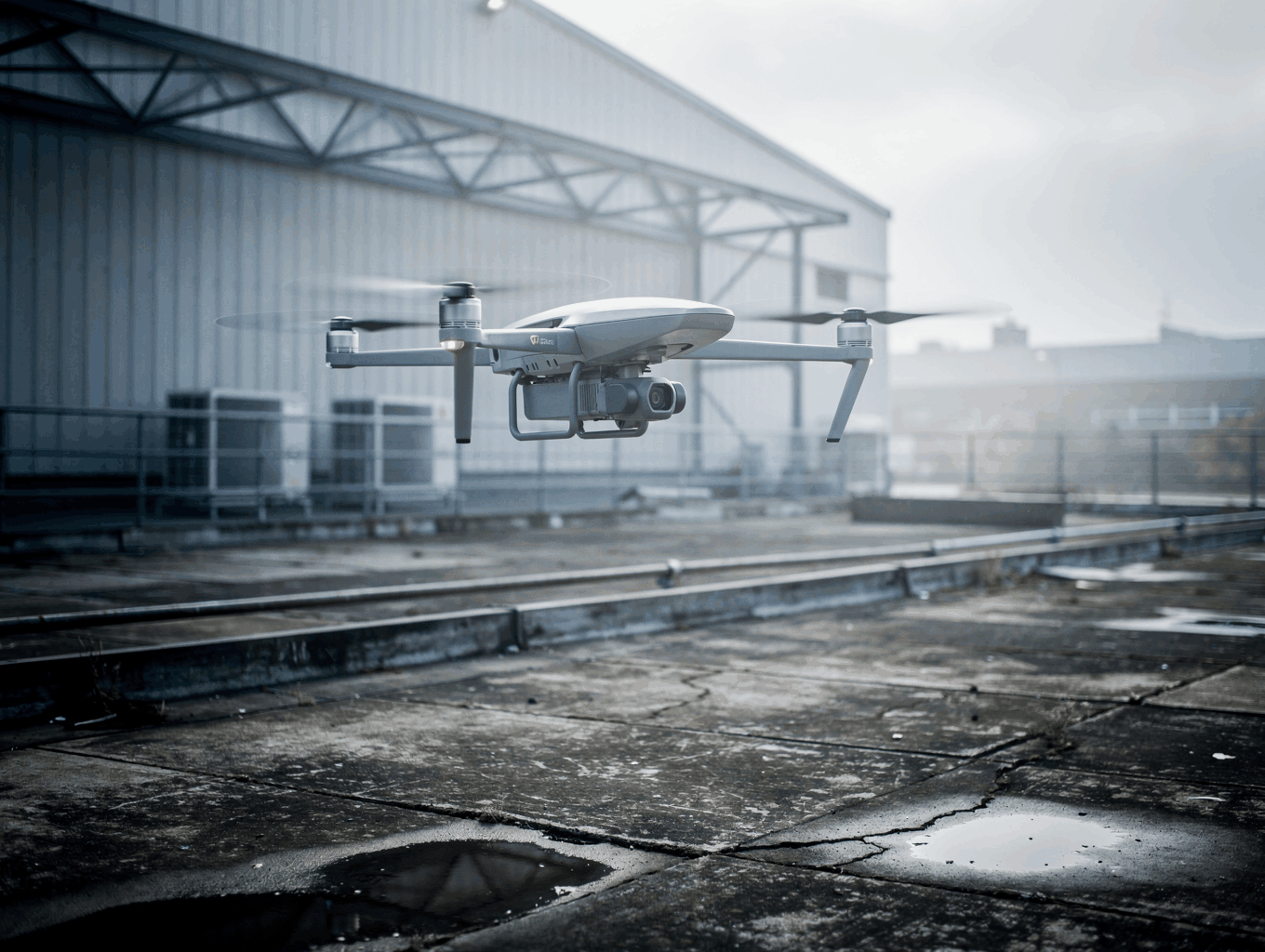 Professional drone capturing aerial video of commercial real estate