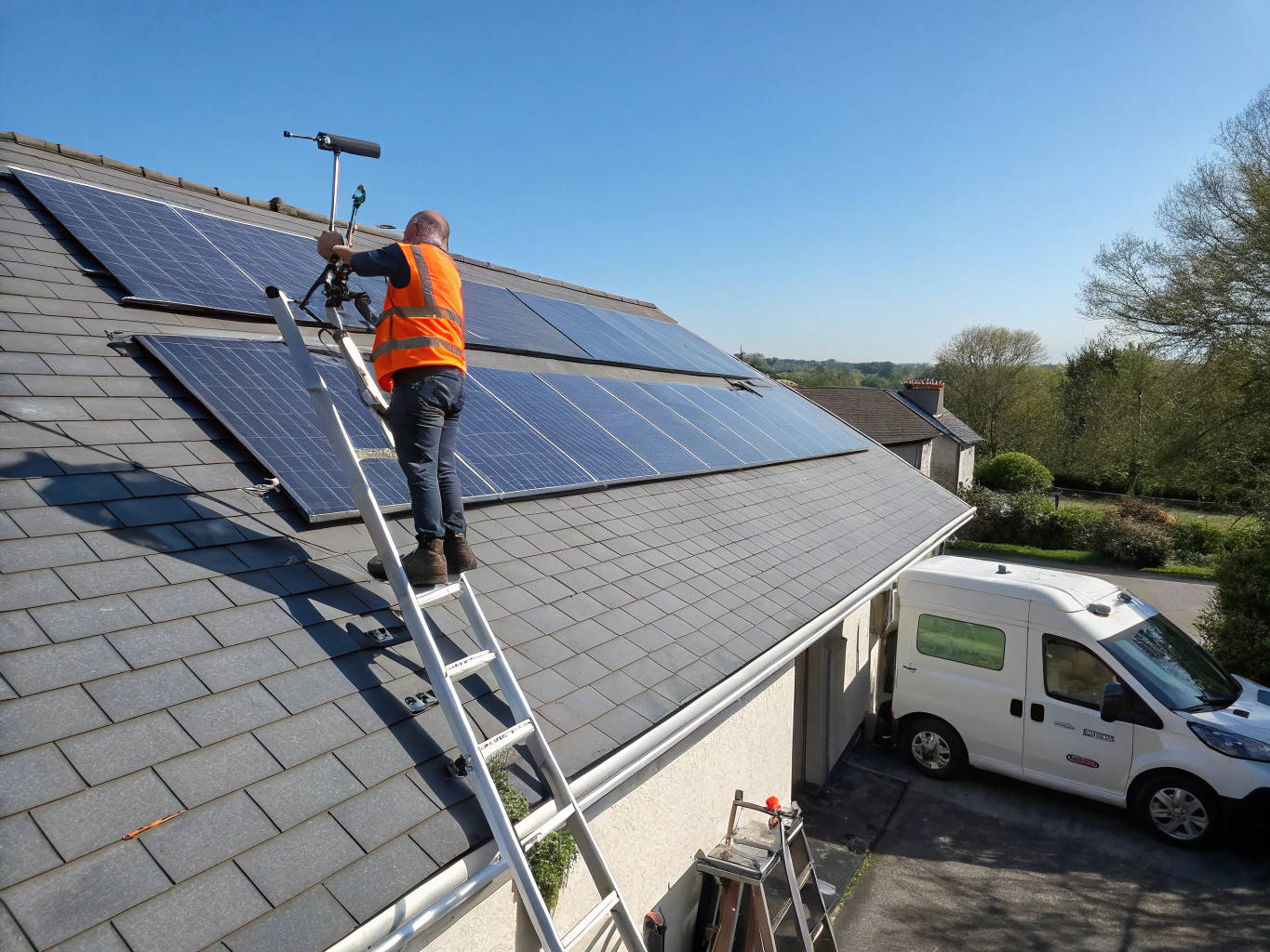 Aerial view of a clean solar panel installation on a suburban home