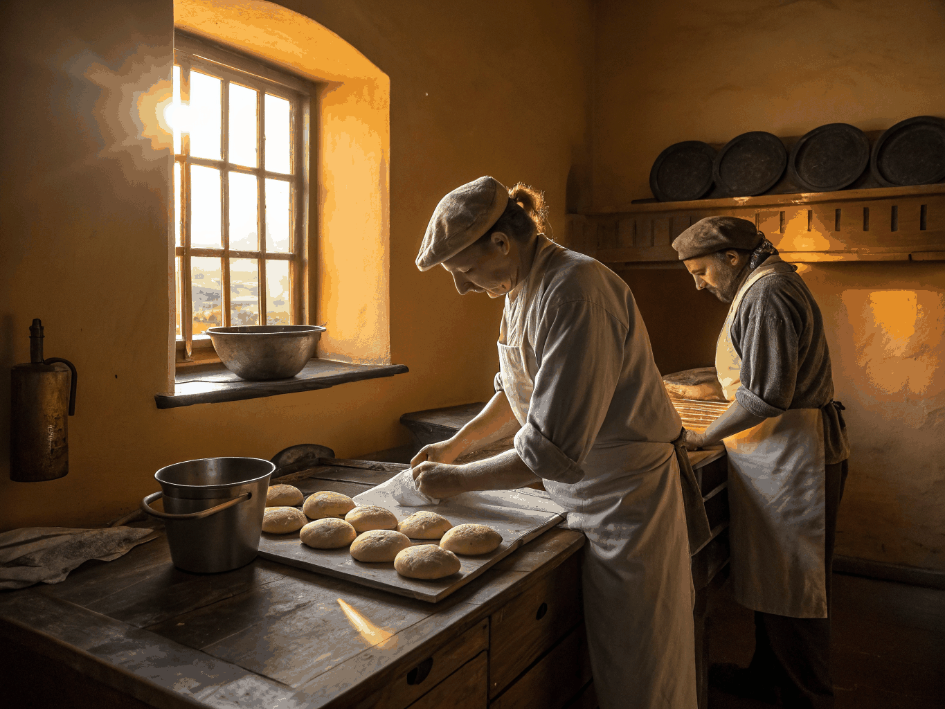 Fresh artisan sourdough loaves in a commercial bakery kitchen