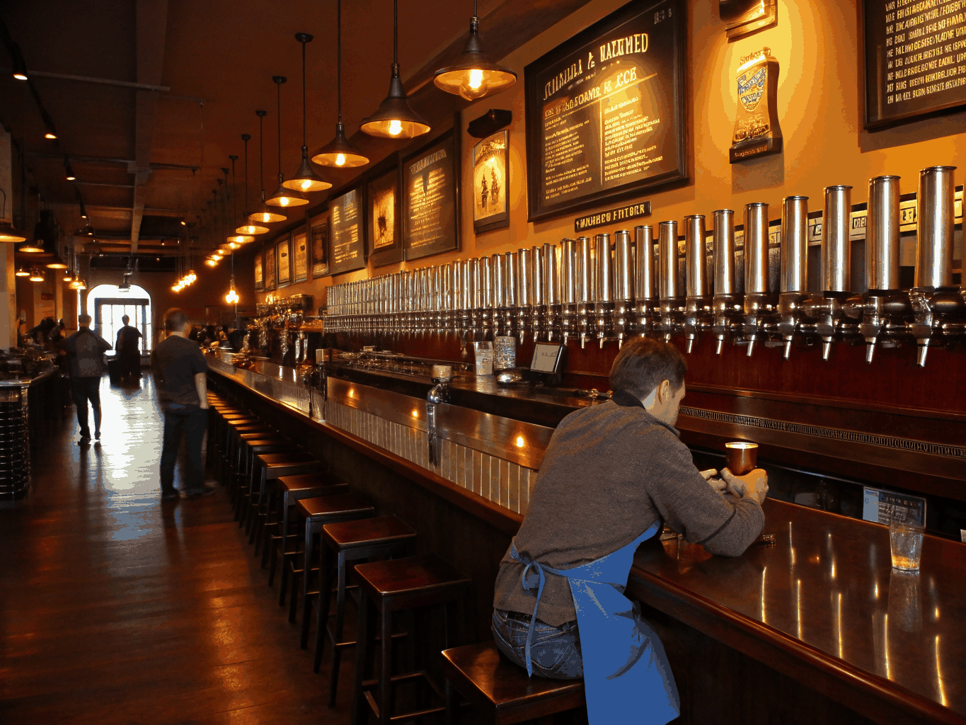 Craft brewery taproom interior and brewing equipment