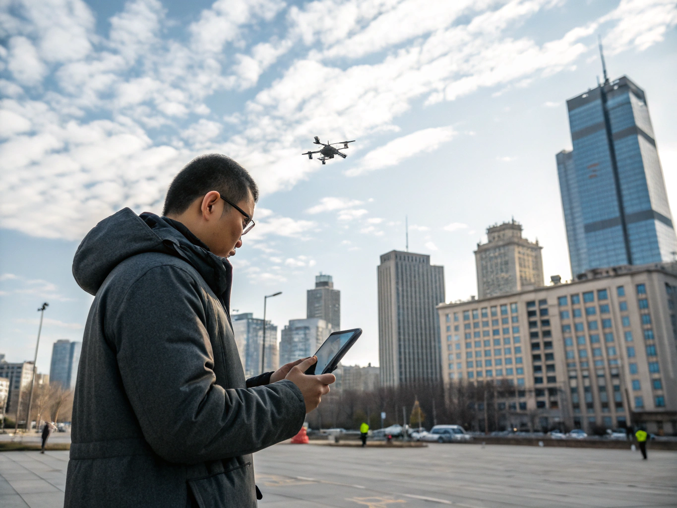Licensed drone pilot operating an aerial camera system on location
