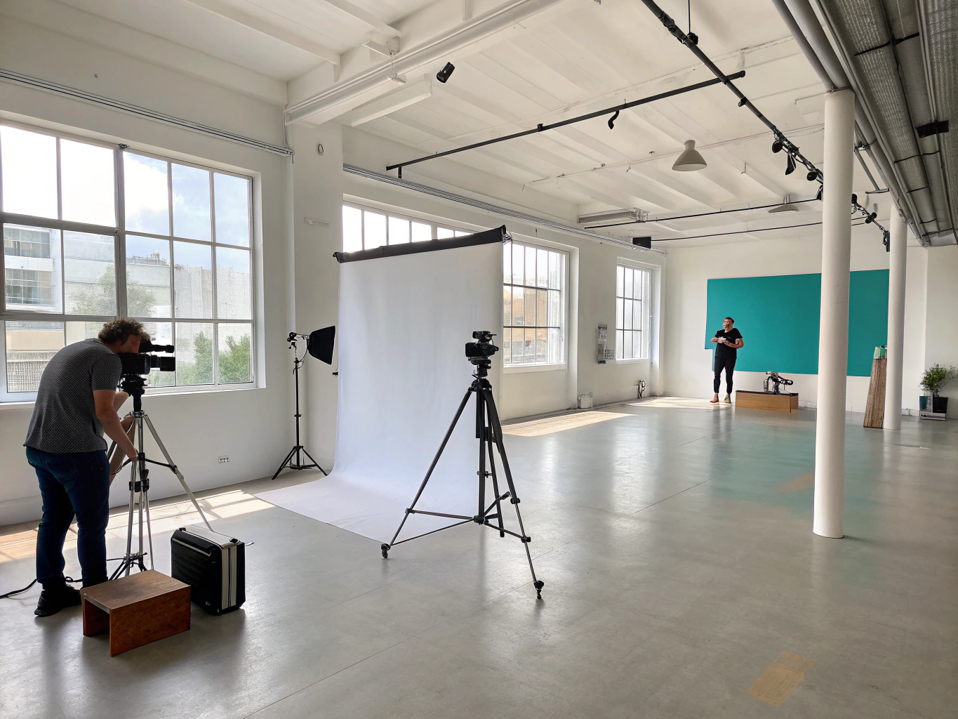 Commercial photographer lighting a product shoot in a workshop