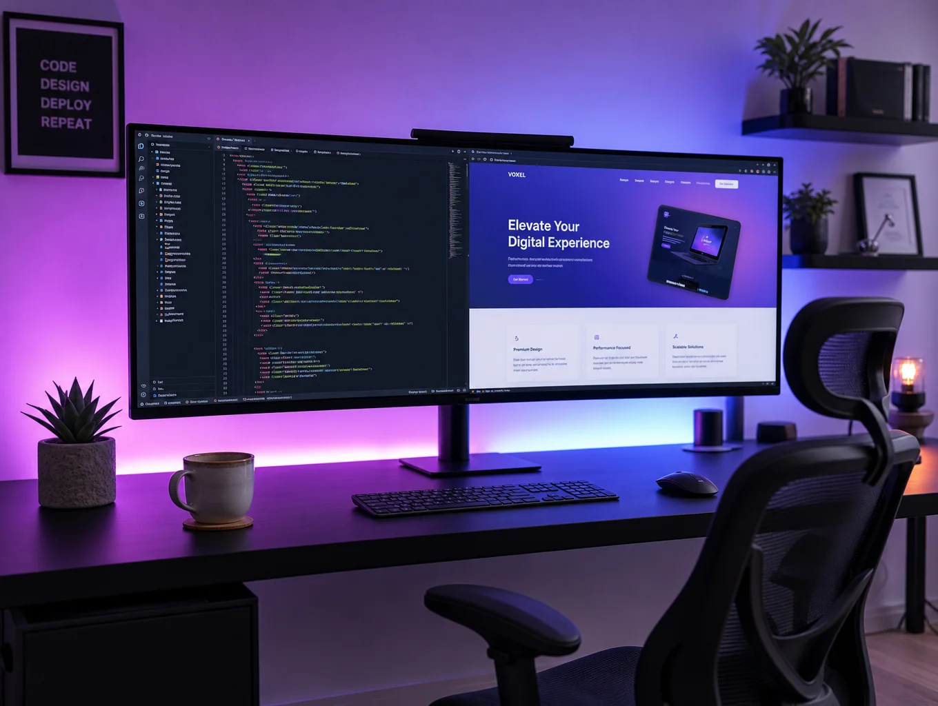 Web developer designing a responsive website interface in a studio
