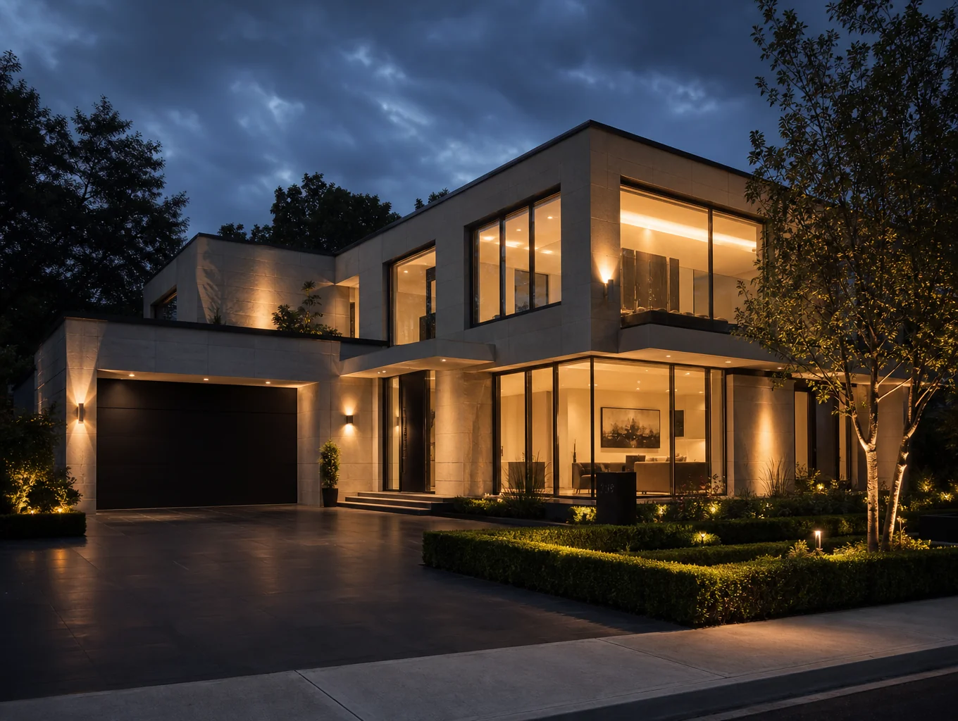 Architectural photograph of a modern home with glowing interior lights